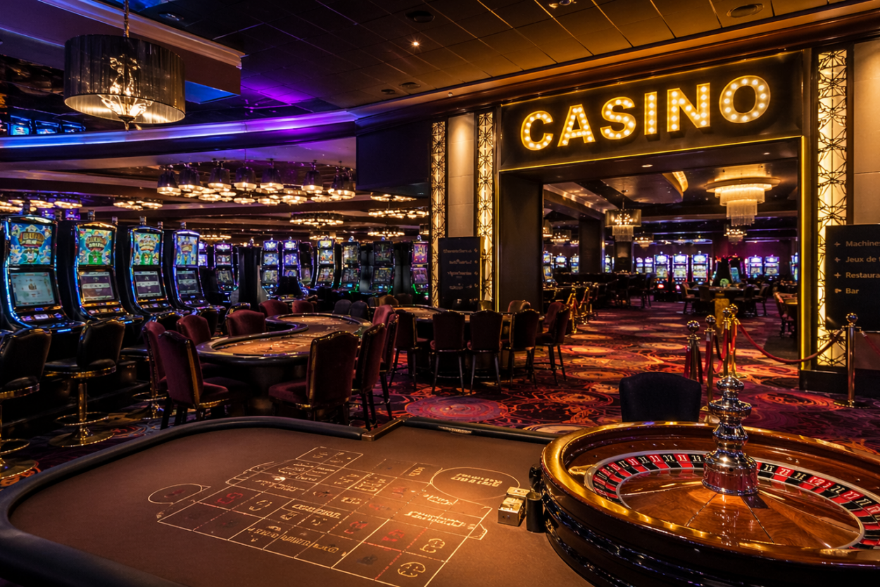 Intérieur du casino de Carnac avec machines à sous et tables de jeux en Bretagne