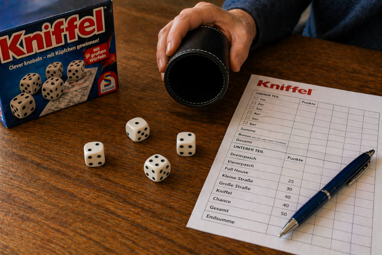 person spielt kniffel und wirft fünf würfel auf den tisch mit punkteblatt und stift daneben