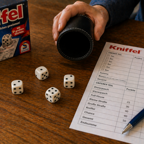 person spielt kniffel und wirft fünf würfel auf den tisch mit punkteblatt und stift daneben