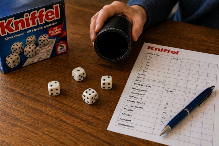 person spielt kniffel und wirft fünf würfel auf den tisch mit punkteblatt und stift daneben