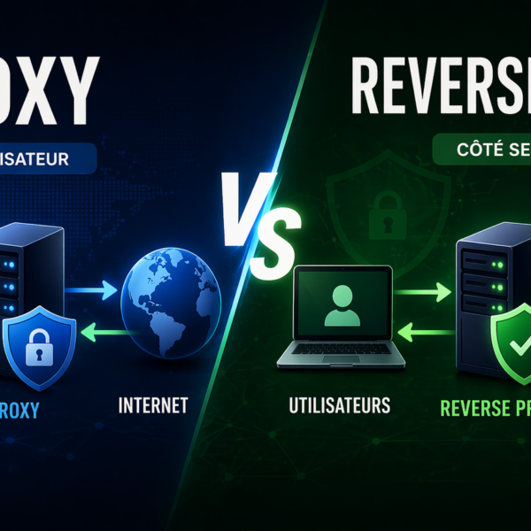 Comparaison visuelle entre proxy côté utilisateur et reverse proxy côté serveur avec répartition du trafic