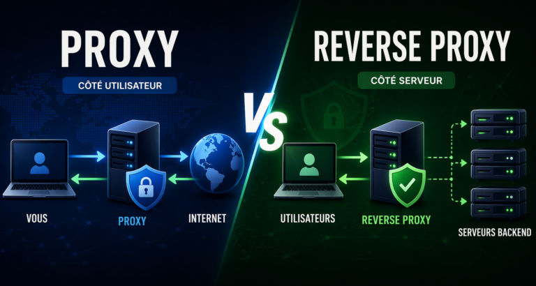 Comparaison visuelle entre proxy côté utilisateur et reverse proxy côté serveur avec répartition du trafic