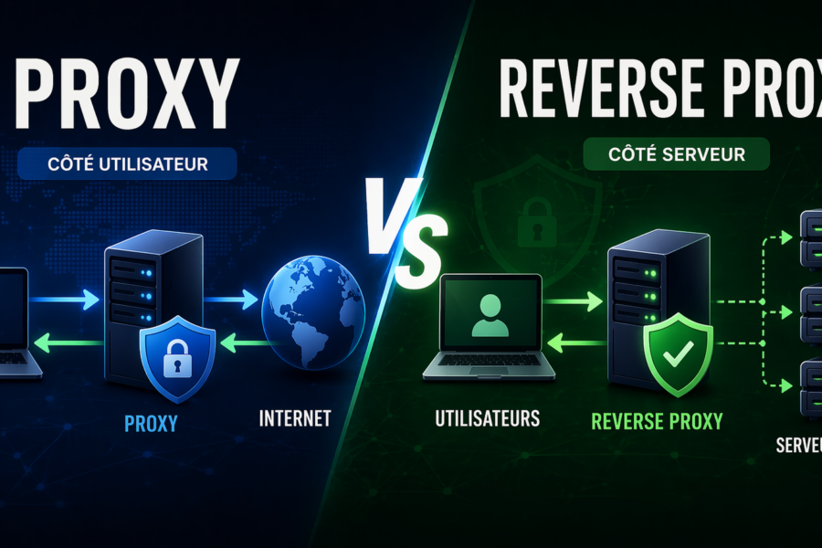 Comparaison visuelle entre proxy côté utilisateur et reverse proxy côté serveur avec répartition du trafic