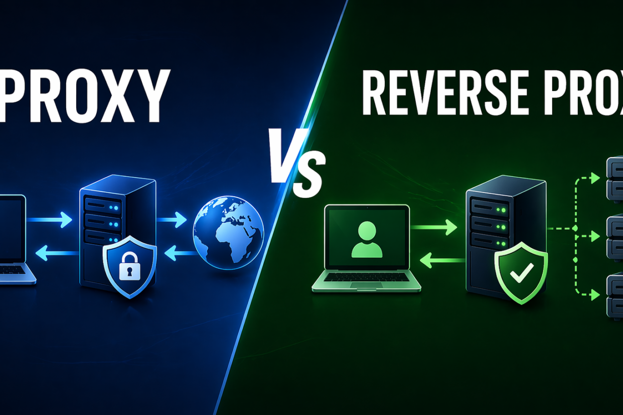 Visueller Vergleich zwischen Proxy und Reverse Proxy mit Darstellung von Benutzerseite und Serverinfrastruktur