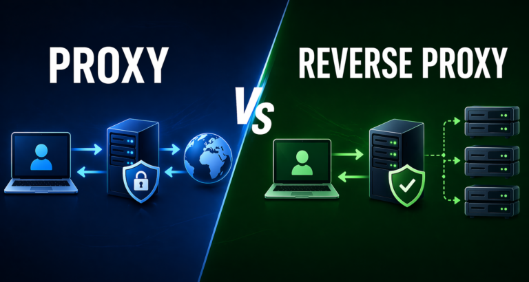 Visueller Vergleich zwischen Proxy und Reverse Proxy mit Darstellung von Benutzerseite und Serverinfrastruktur