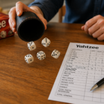 personne lançant les dés du Yahtzee avec feuille de score et stylo sur la table