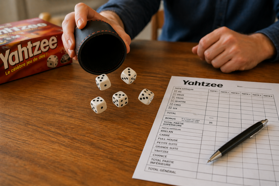 personne lançant les dés du Yahtzee avec feuille de score et stylo sur la table